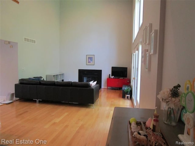 living room featuring a towering ceiling and hardwood / wood-style floors