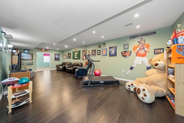 playroom with dark wood-type flooring