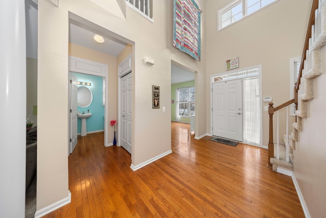 entrance foyer featuring hardwood / wood-style flooring, a high ceiling, and a healthy amount of sunlight