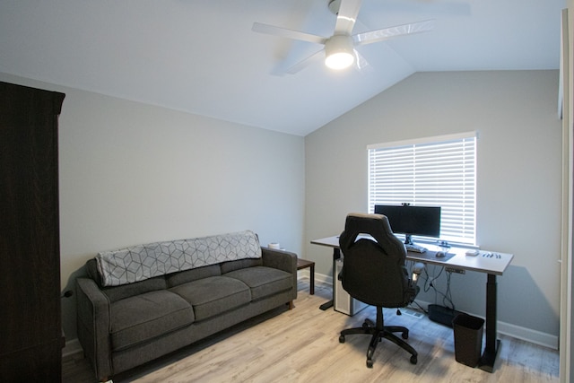 office area with ceiling fan, lofted ceiling, and light hardwood / wood-style floors