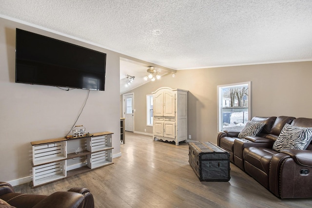 living room featuring vaulted ceiling, ceiling fan, hardwood / wood-style floors, and a textured ceiling