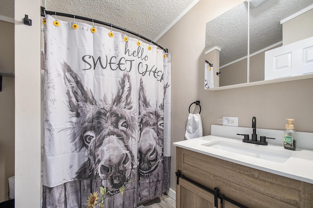 bathroom with vanity, curtained shower, wood-type flooring, and a textured ceiling