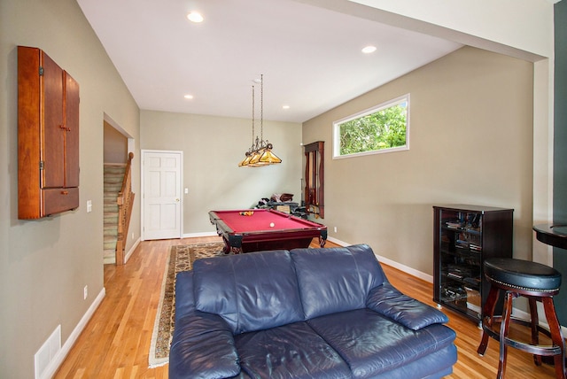 recreation room featuring pool table, wine cooler, and light hardwood / wood-style flooring