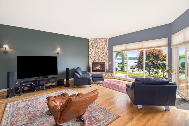 living room with wood-type flooring and a fireplace