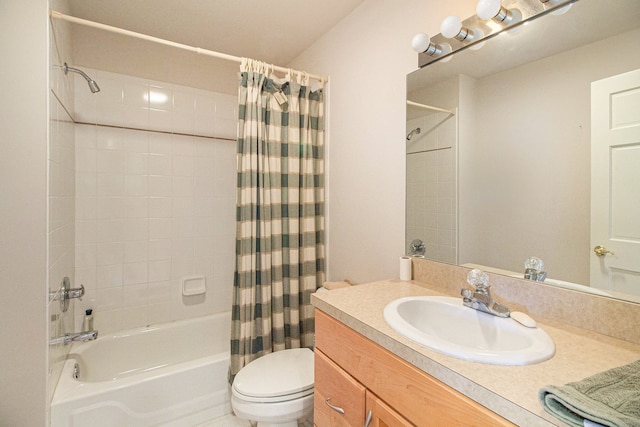 full bathroom with shower / bath combination with curtain, vanity, and toilet