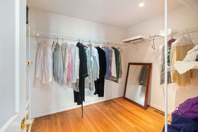 walk in closet with wood-type flooring