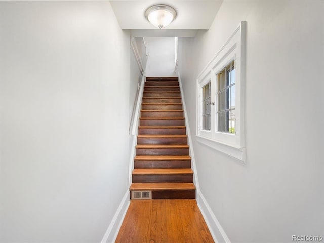 staircase with hardwood / wood-style flooring