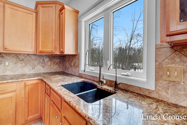 kitchen featuring tasteful backsplash, a sink, and light stone countertops