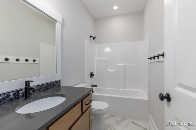 1798 Round Barn Dr, Hudsonville, MI 49426 - bathroom featuring vanity, marble finish flooring, shower / bath combination, and recessed lighting