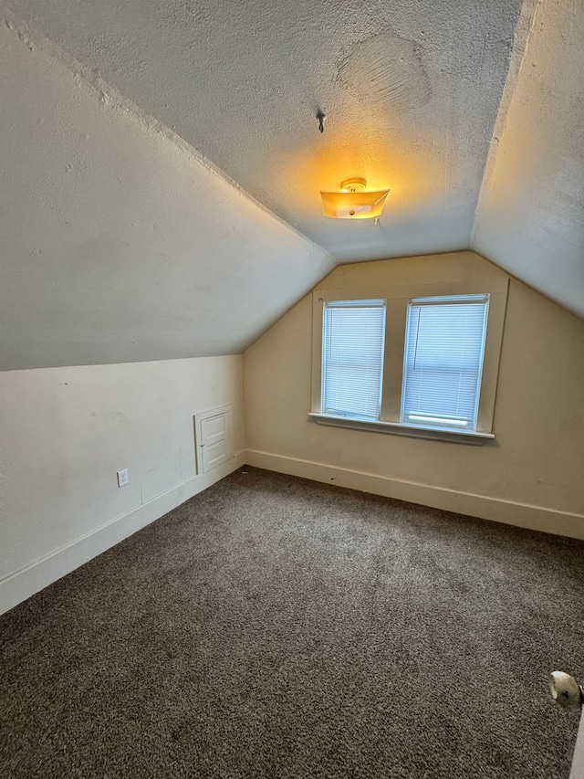 additional living space with carpet, baseboards, vaulted ceiling, and a textured ceiling