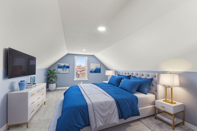 bedroom with recessed lighting, baseboards, and vaulted ceiling