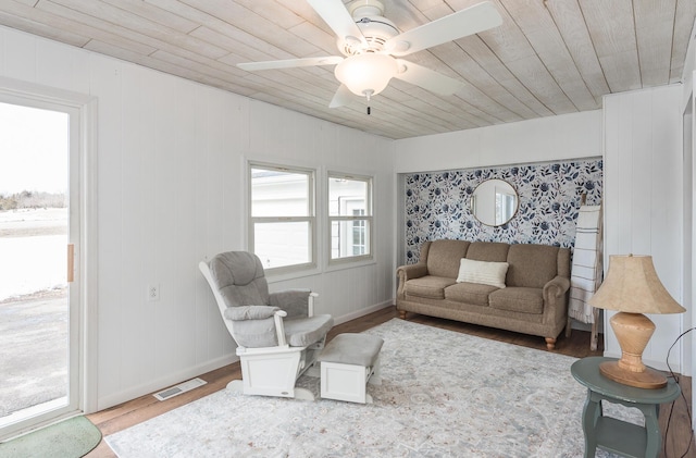 living room with hardwood / wood-style floors, wooden ceiling, and ceiling fan