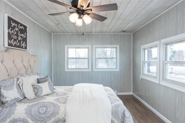 bedroom featuring hardwood / wood-style floors, wooden ceiling, and ceiling fan