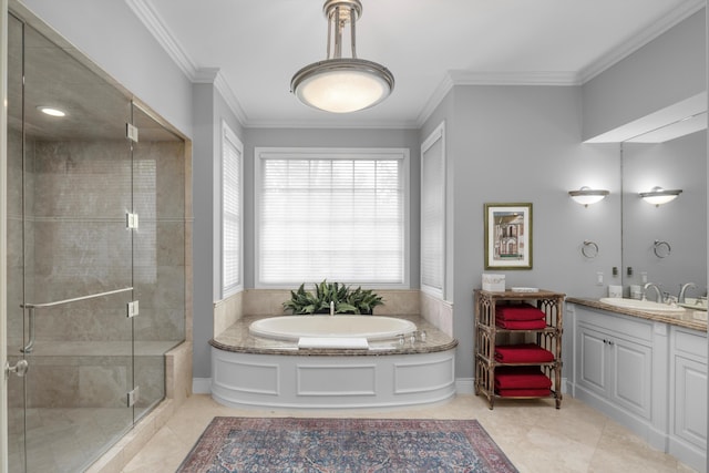 bathroom featuring tile patterned flooring, vanity, a bath, crown molding, and a stall shower