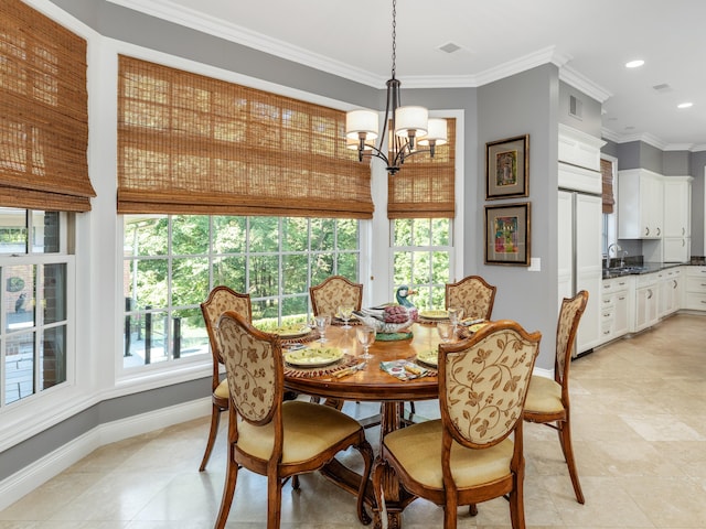 dining room featuring crown molding, light tile patterned floors, baseboards, a notable chandelier, and recessed lighting