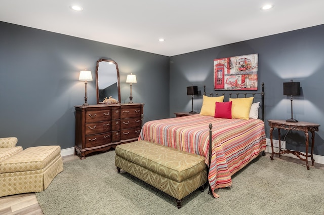 bedroom with baseboards, carpet floors, and recessed lighting