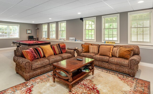 carpeted living area featuring recessed lighting, a wealth of natural light, baseboards, and billiards