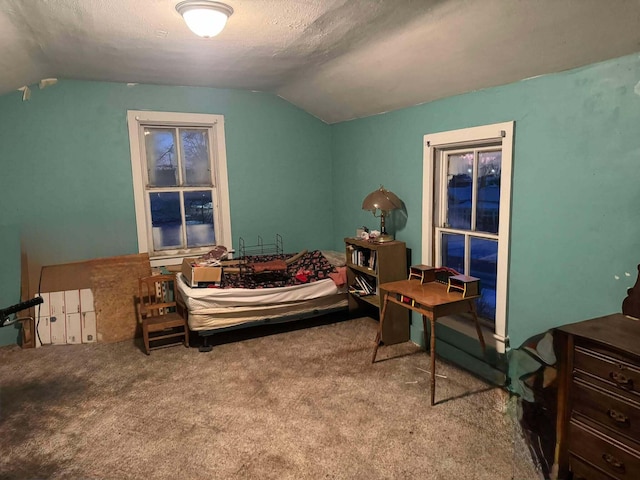 bedroom with carpet, vaulted ceiling, and a textured ceiling