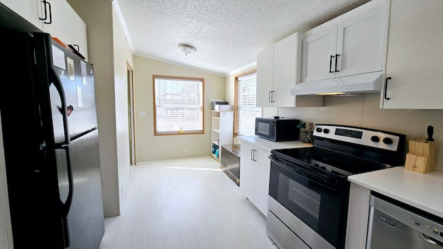 kitchen featuring white cabinetry, vaulted ceiling, a textured ceiling, and black appliances