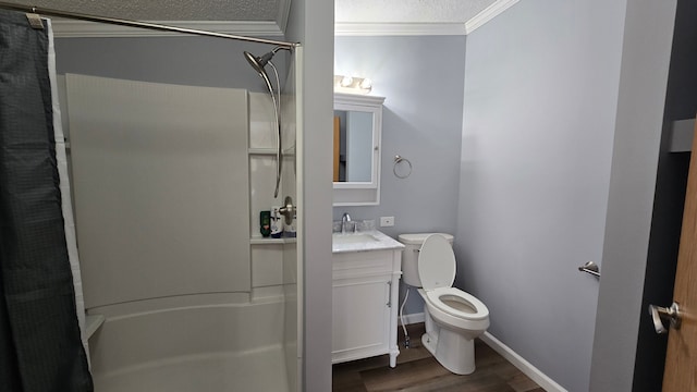 bathroom featuring a shower, crown molding, a textured ceiling, vanity, and hardwood / wood-style flooring