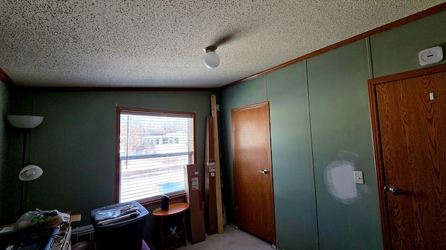 home office with crown molding and a textured ceiling