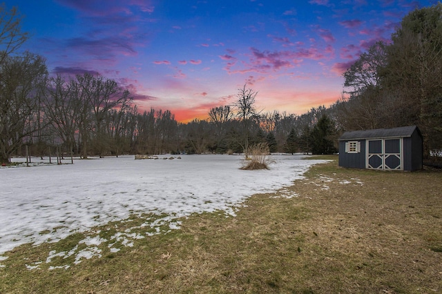 yard covered in snow with a storage unit