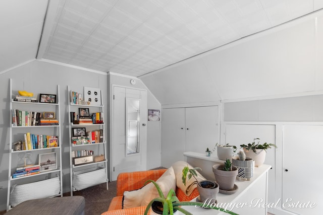 sitting room featuring lofted ceiling and carpet floors