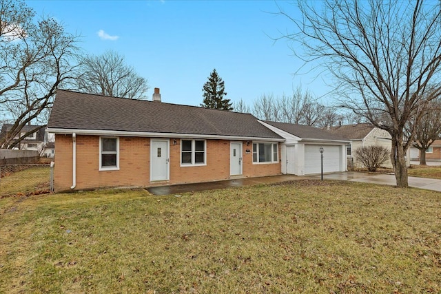 single story home featuring an attached garage, brick siding, fence, driveway, and a front yard