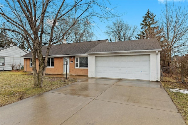 ranch-style home with an attached garage, brick siding, fence, roof with shingles, and a chimney