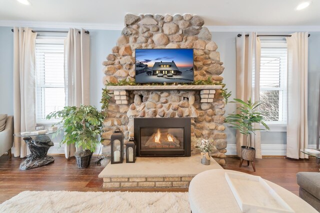 living room featuring wood-type flooring, crown molding, a fireplace, and a wealth of natural light