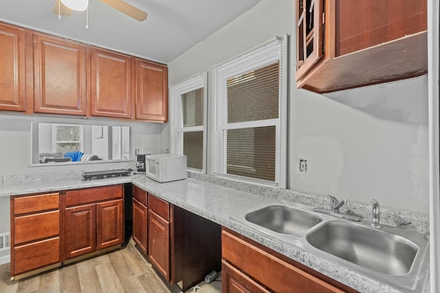 kitchen featuring ceiling fan, sink, and light hardwood / wood-style floors