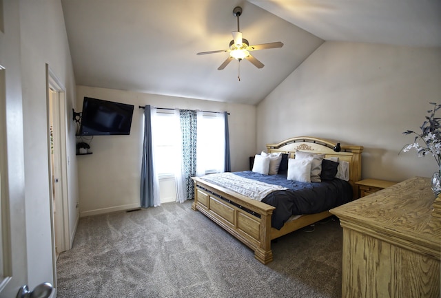 bedroom featuring vaulted ceiling, carpet, and ceiling fan