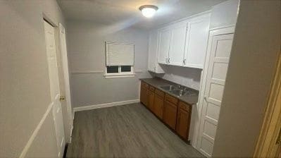 kitchen with white cabinetry, sink, and dark hardwood / wood-style flooring