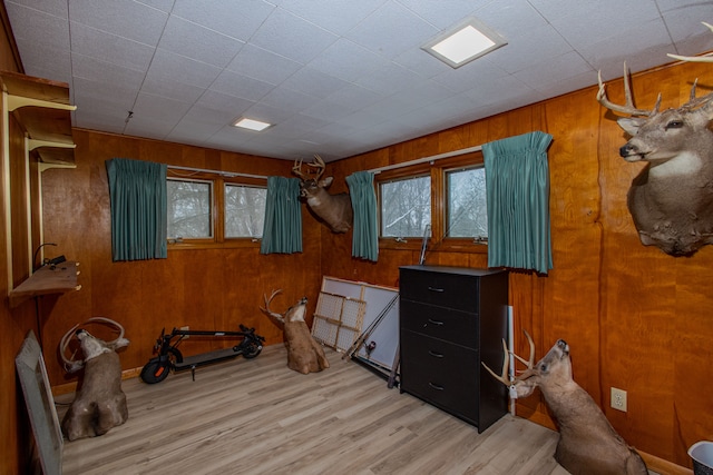 interior space with wooden walls and light hardwood / wood-style flooring