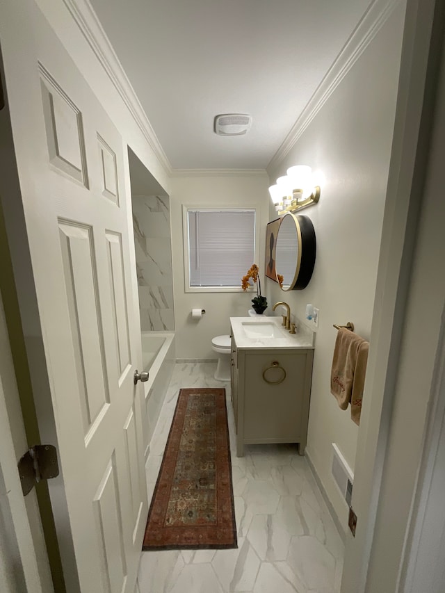 bathroom featuring vanity, crown molding, and toilet