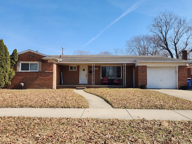 27300 La Rose Dr, Warren, MI 48093 - ranch-style house featuring driveway, a porch, a garage, brick siding, and a chimney