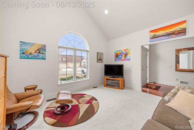 37143 Southwind Ct Unit 38, Farmington Hills, MI 48331 - carpeted living room with high vaulted ceiling, baseboards, and recessed lighting