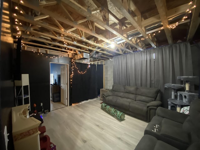 basement with wood-type flooring