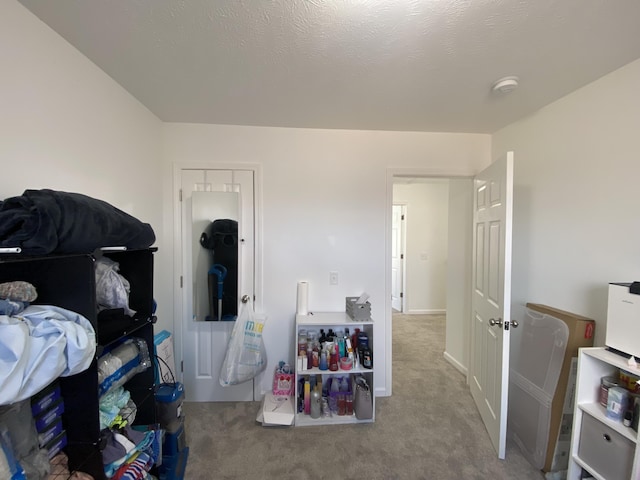 interior space with light colored carpet and a textured ceiling