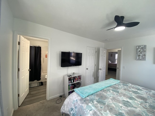 bedroom featuring ceiling fan, a closet, and carpet