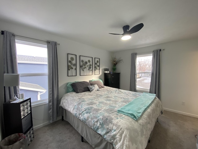 bedroom featuring ceiling fan and carpet flooring