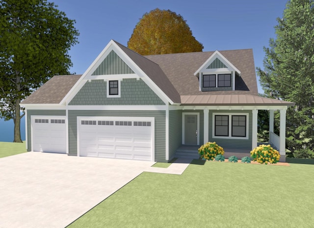 view of front of home with a garage and a front lawn