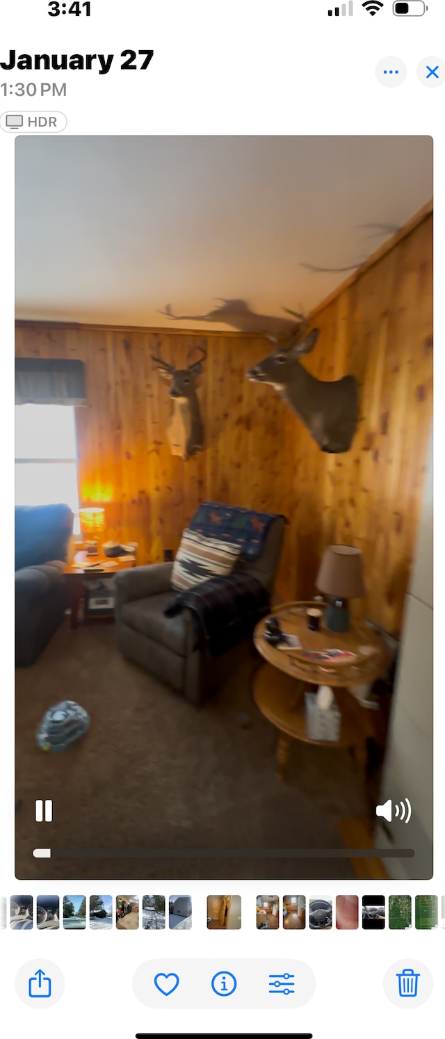 living room featuring wooden walls