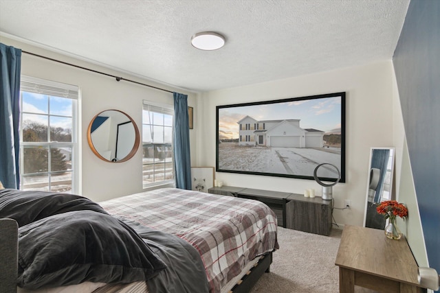 bedroom with multiple windows, carpet, and a textured ceiling