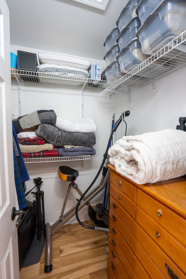 walk in closet with light wood-type flooring