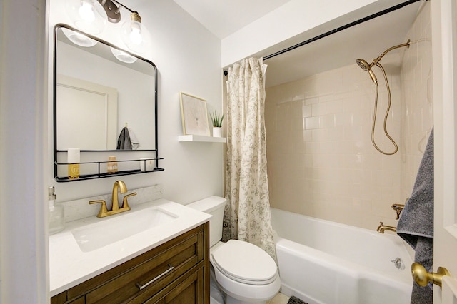 full bathroom with toilet, vanity, and shower / bathtub combination with curtain