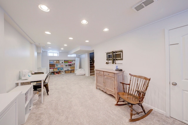 home office with light colored carpet