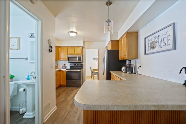 11870 Woodland Dr, Lennon, MI 48449 - kitchen featuring appliances with stainless steel finishes, light wood finished floors, tasteful backsplash, a peninsula, and light countertops