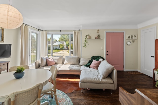 living area with baseboards and dark wood finished floors