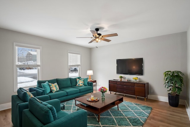 living room with ceiling fan and hardwood / wood-style floors